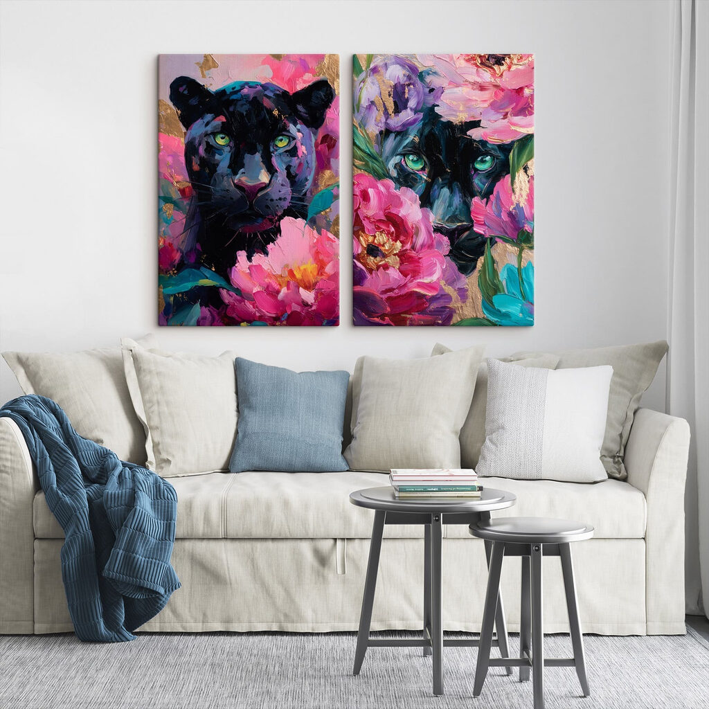 Schilderij van een panter en een panter met bloemen — interieur 2