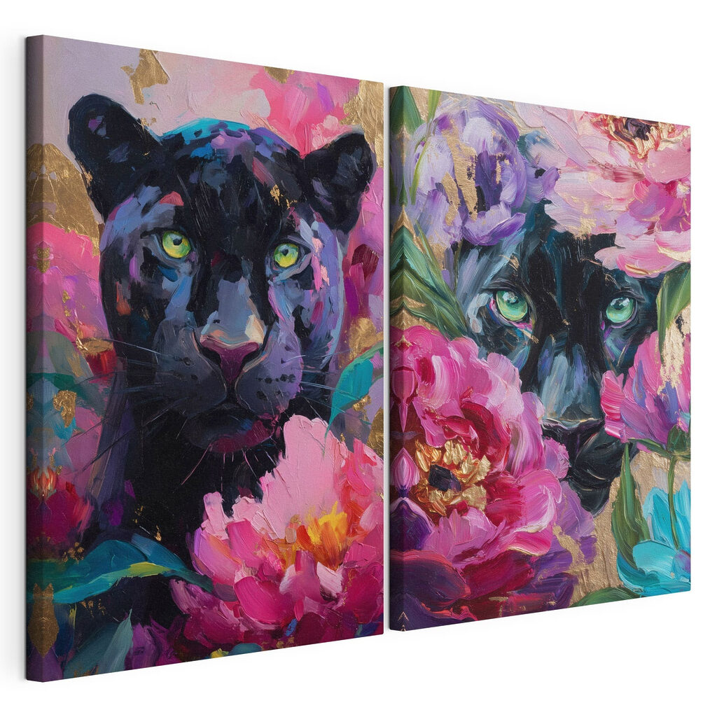 Schilderij van een panter en een panter met bloemen — productweergave