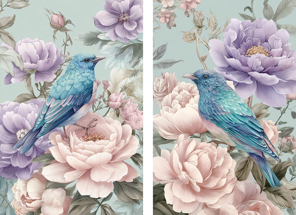 Een paar foto’s van vogels op bloemen — volledig ontwerp