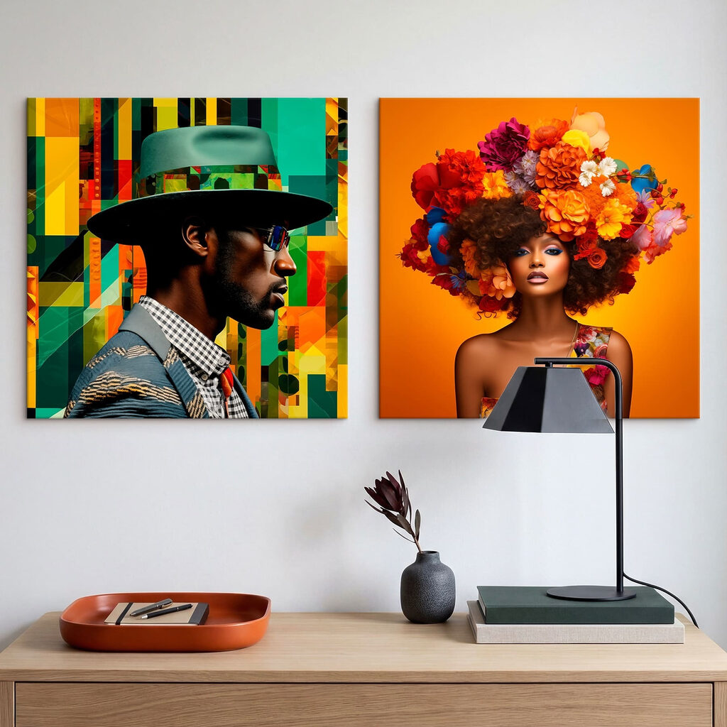 Man en vrouw met bloemen in hun haar in een interieur