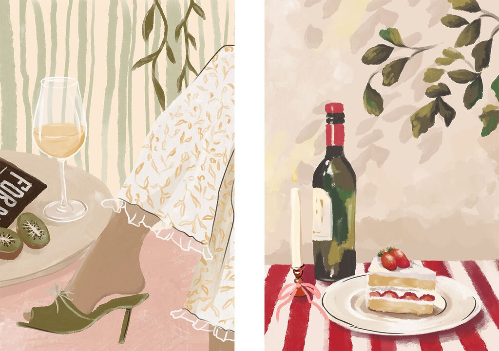 Schilderij van de voeten van een vrouw en een taart op een tafel — volledig ontwerp