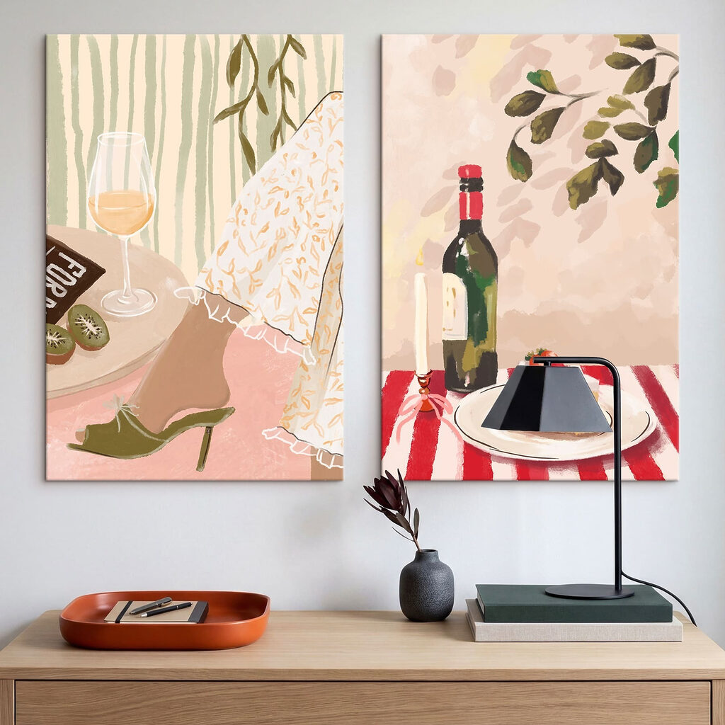 Schilderij van de voeten van een vrouw en een taart op een tafel — interieur 1