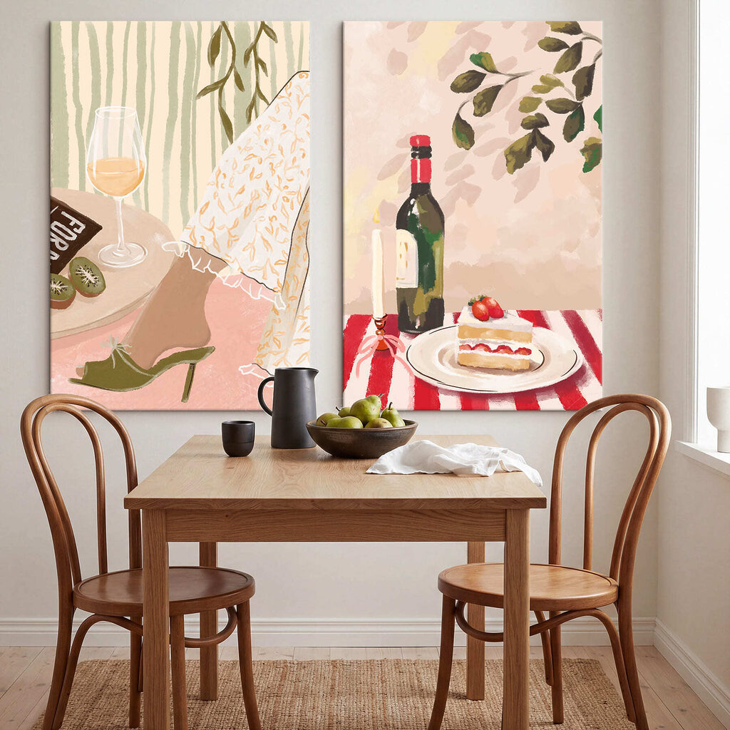 Schilderij van de voeten van een vrouw en een taart op een tafel — interieur 3