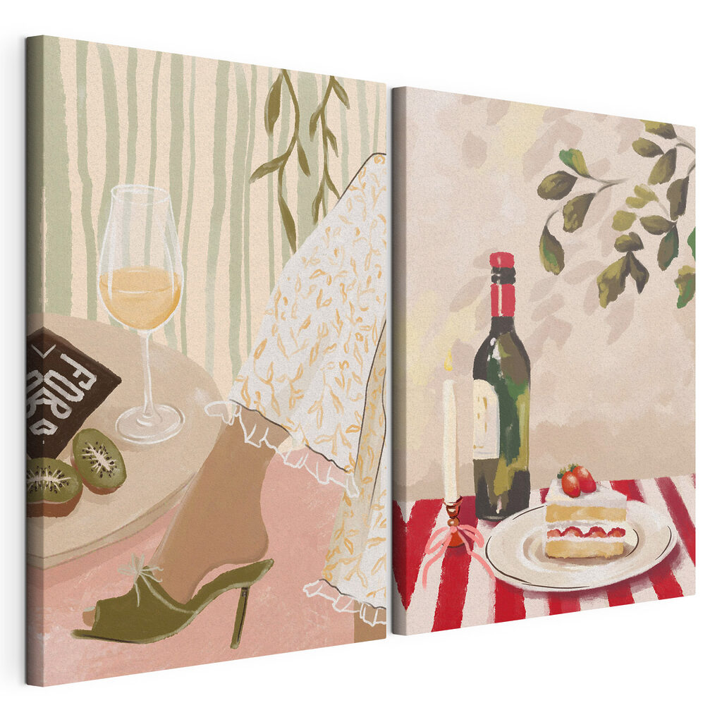 Schilderij van de voeten van een vrouw en een taart op een tafel — productweergave