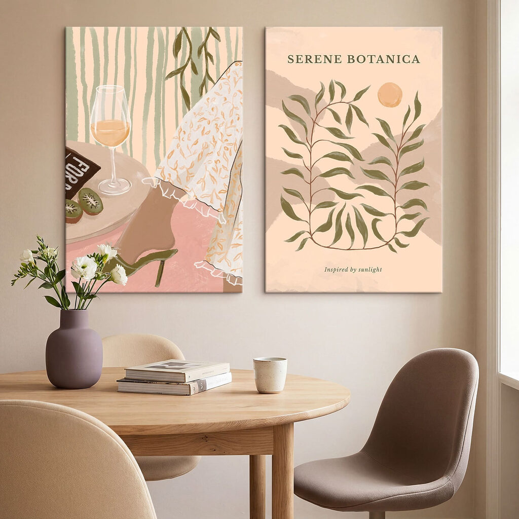 Twee posters met daarop de benen van een vrouw en een glas wijn — interieur 1