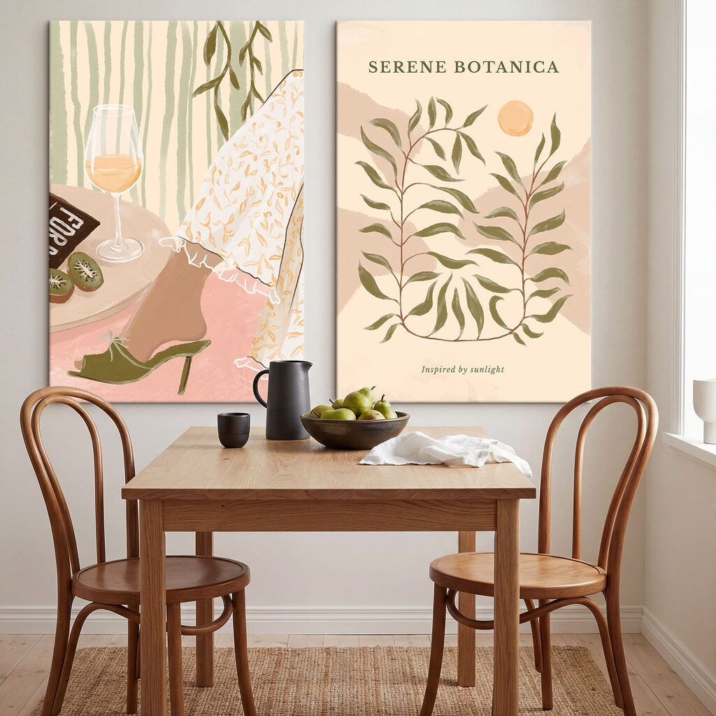 Twee posters met daarop de benen van een vrouw en een glas wijn — interieur 3