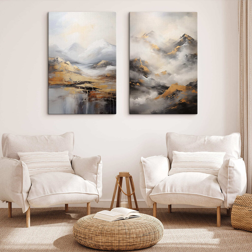 Schilderij van bergen met wolken in een interieur