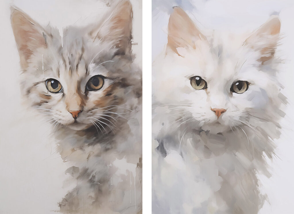 Twee katten die hun kop opzij hebben gedraaid — volledig ontwerp