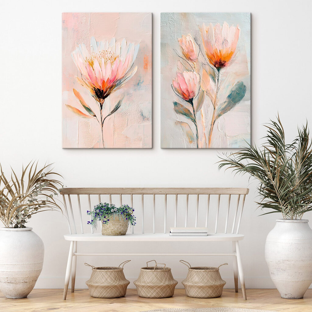 Schilderij van bloemen op doek in een interieur