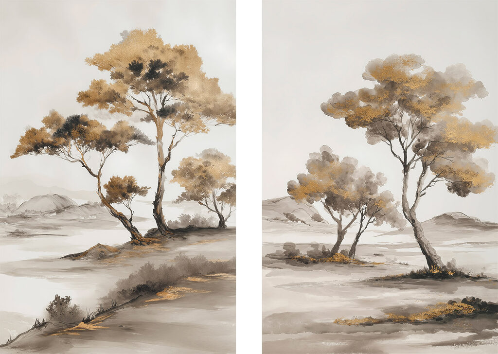 Schilderij van bomen in een woestijn — volledig ontwerp