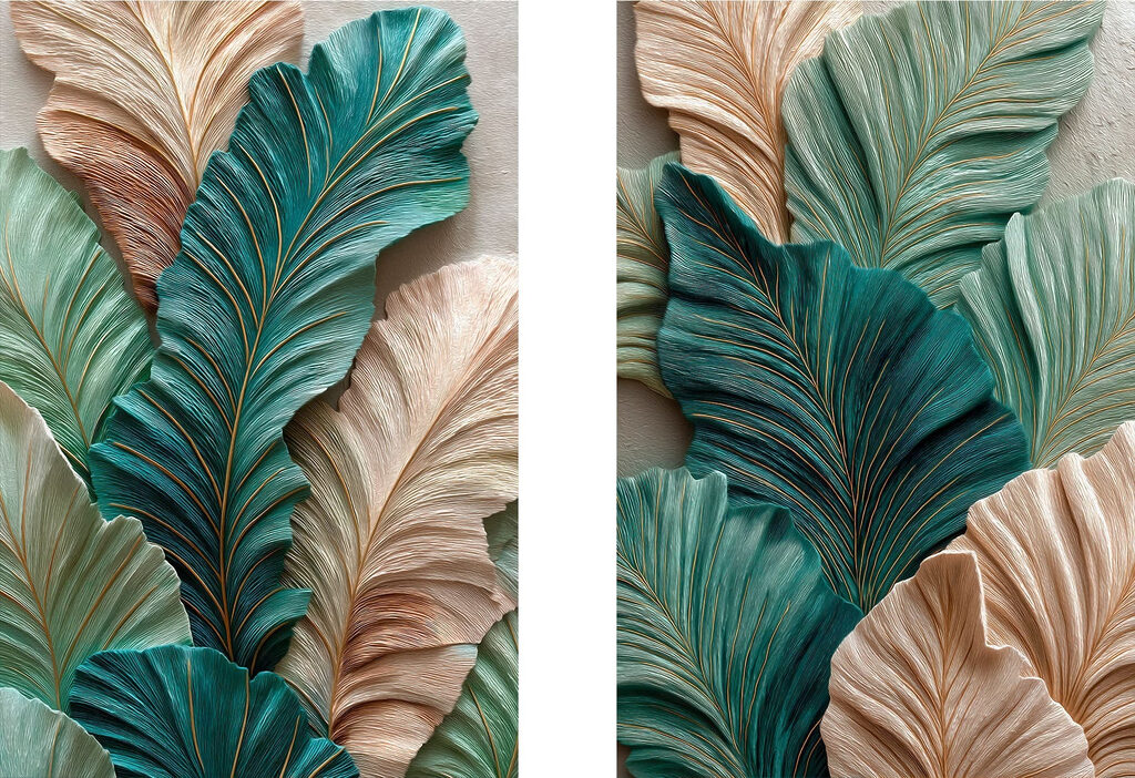 Kunstwerk met een compositie van groene en beige bladeren — volledig ontwerp
