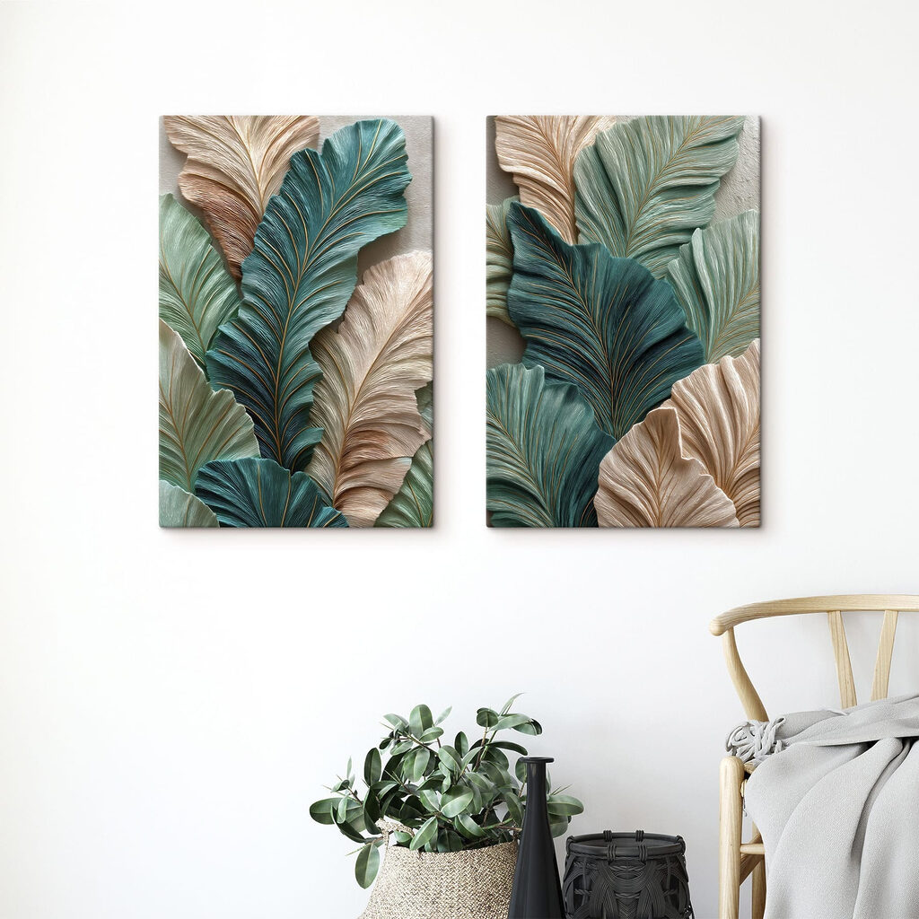 Kunstwerk met een compositie van groene en beige bladeren — interieur 1