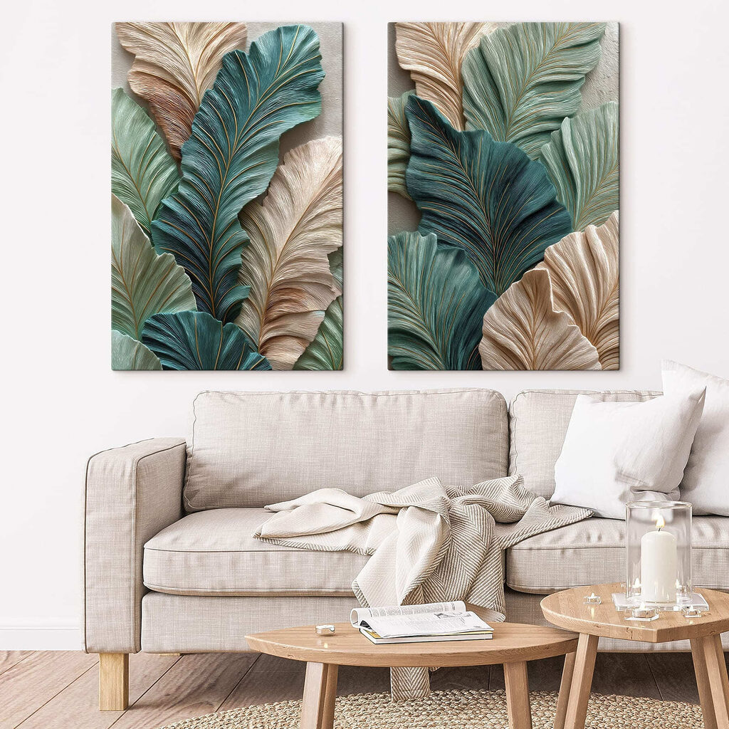 Kunstwerk met een compositie van groene en beige bladeren — interieur 2