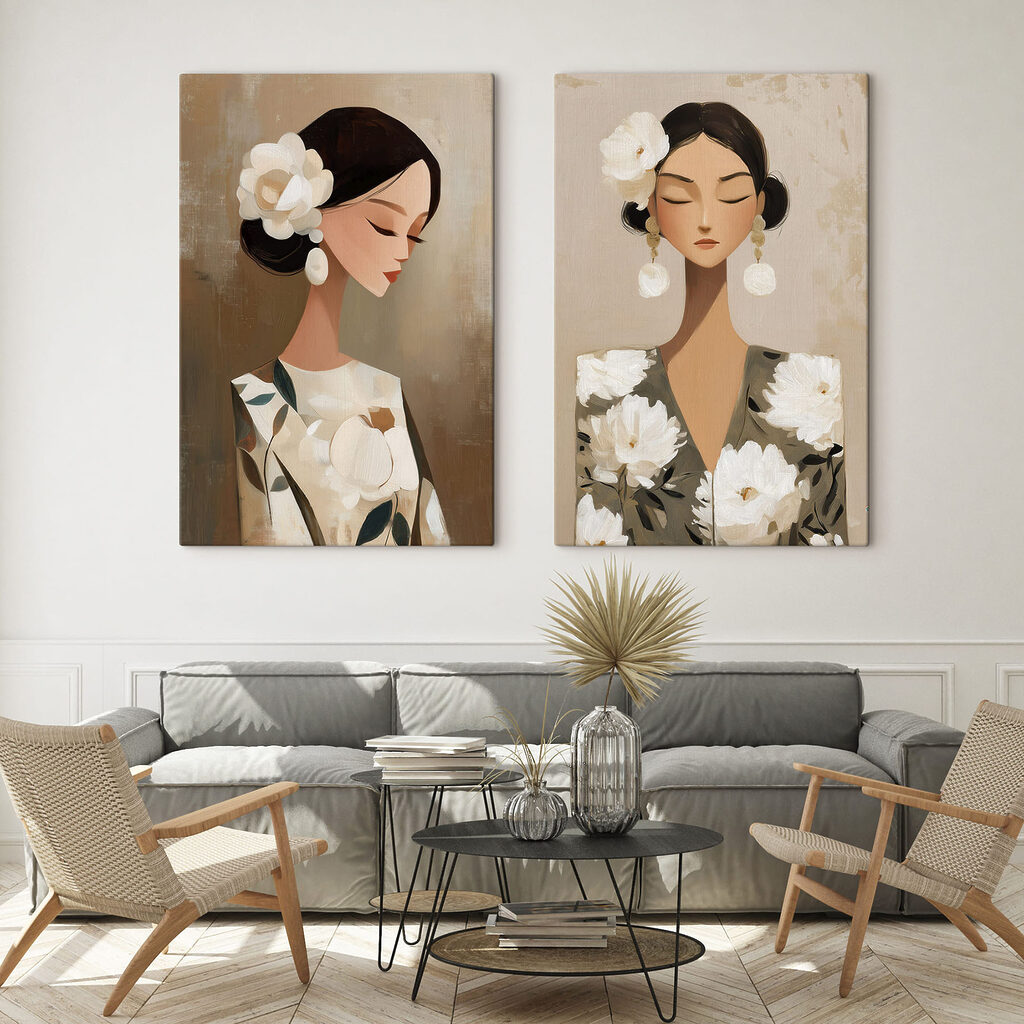 Collage van een vrouw met bloemen in haar haar in een interieur