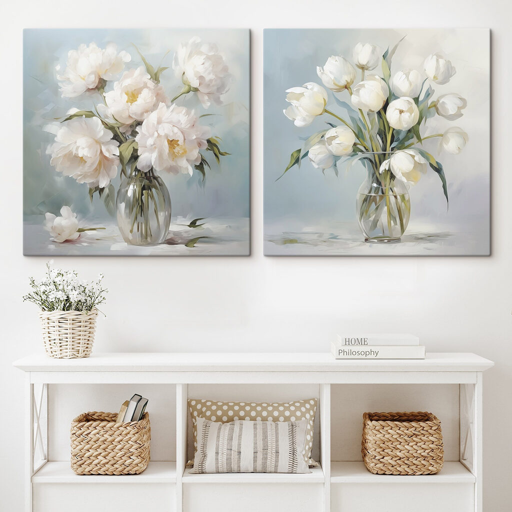 Schilderij van bloemen in een vaas in een interieur