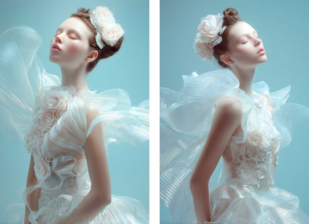 Collage van een vrouw in een witte jurk — volledig ontwerp