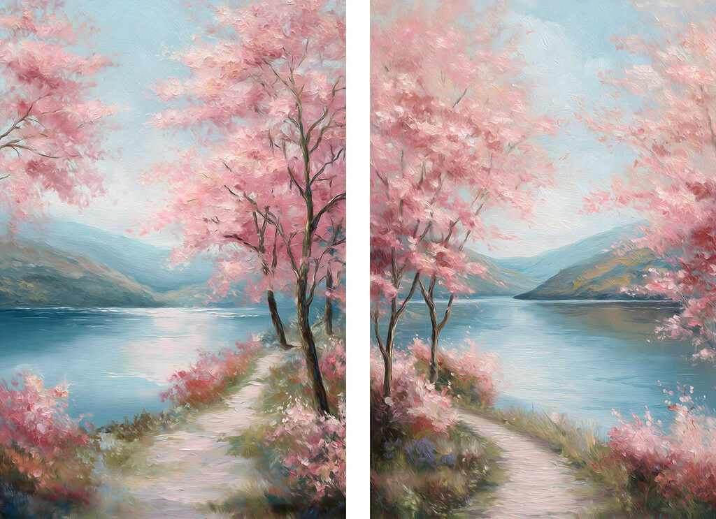 Schilderij van een pad langs een meer met roze bloemen — volledig ontwerp