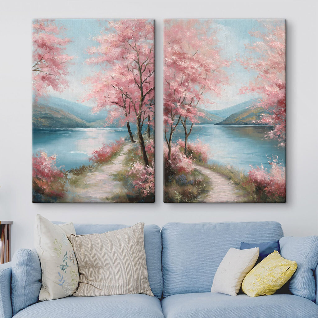 Schilderij van een pad langs een meer met roze bloemen — interieur 1