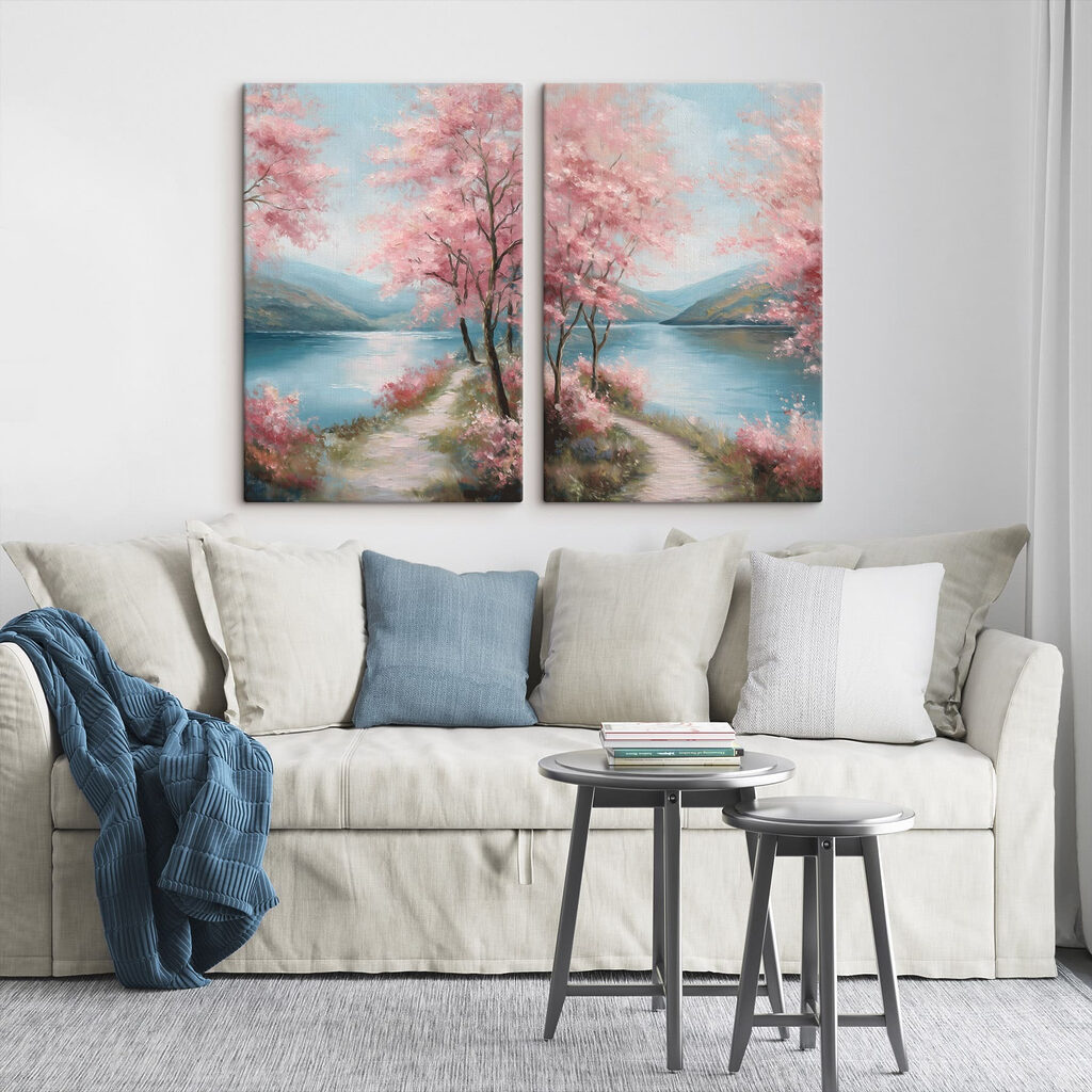 Schilderij van een pad langs een meer met roze bloemen — interieur 2