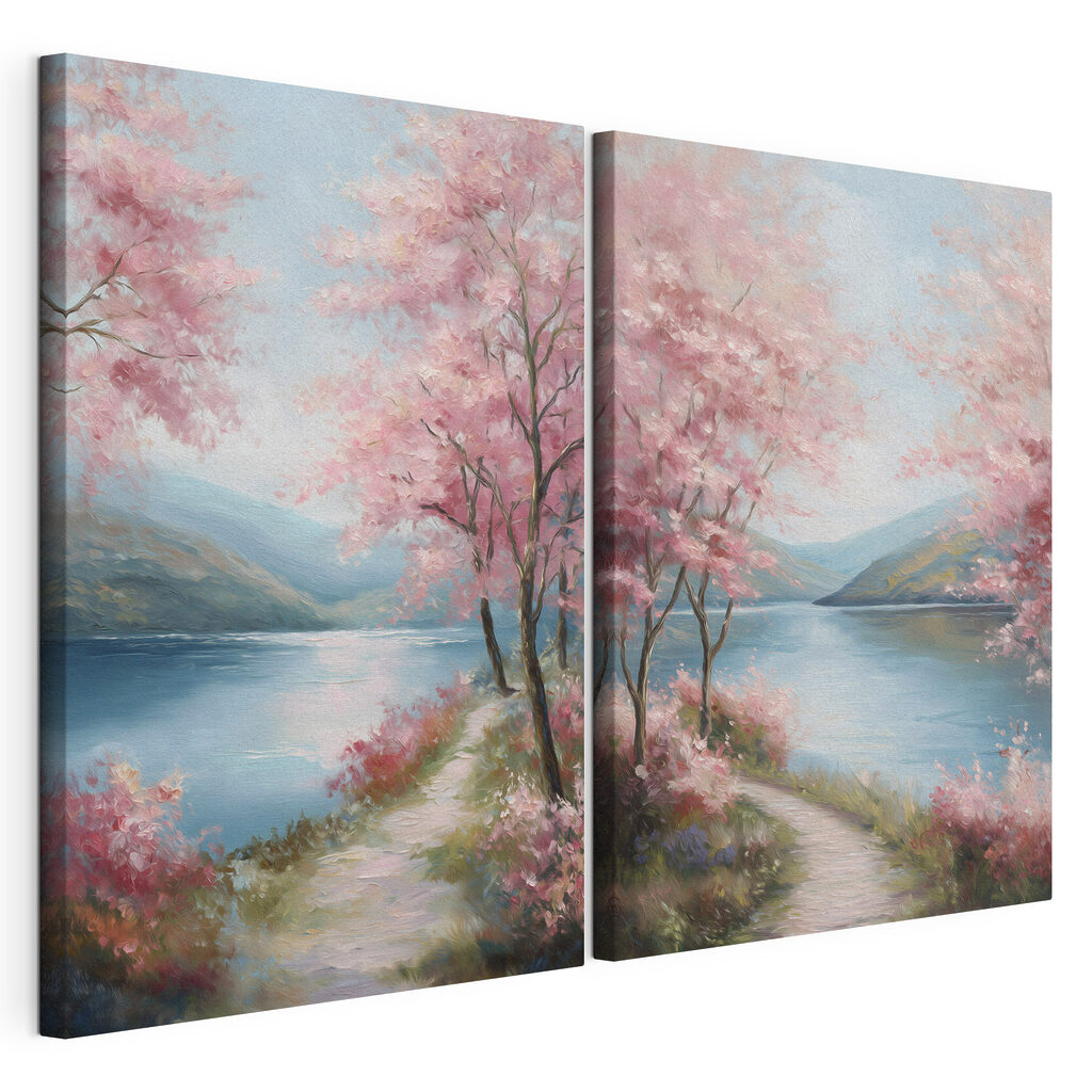 Schilderij van een pad langs een meer met roze bloemen — productweergave