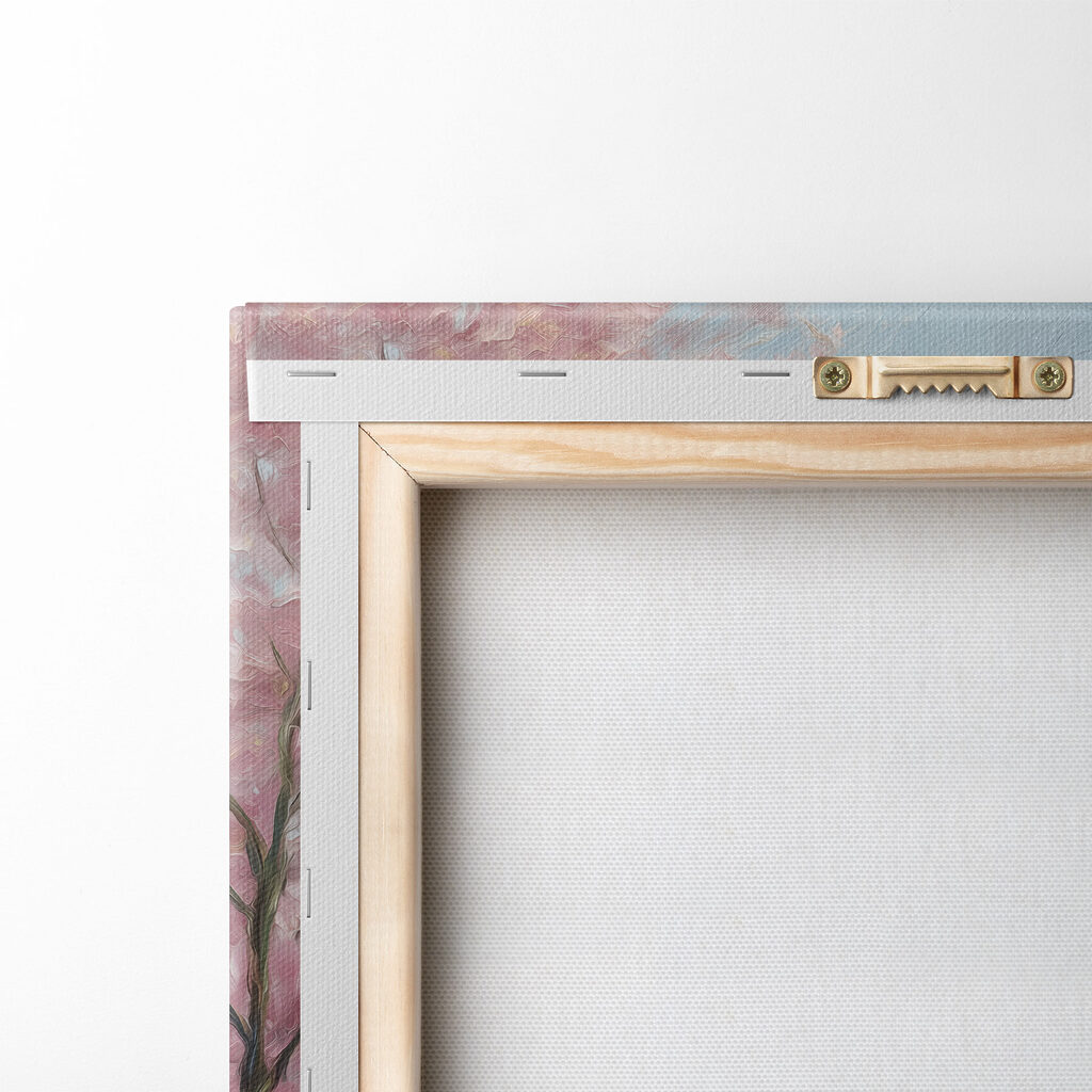 Schilderij van een pad langs een meer met roze bloemen — achterkant