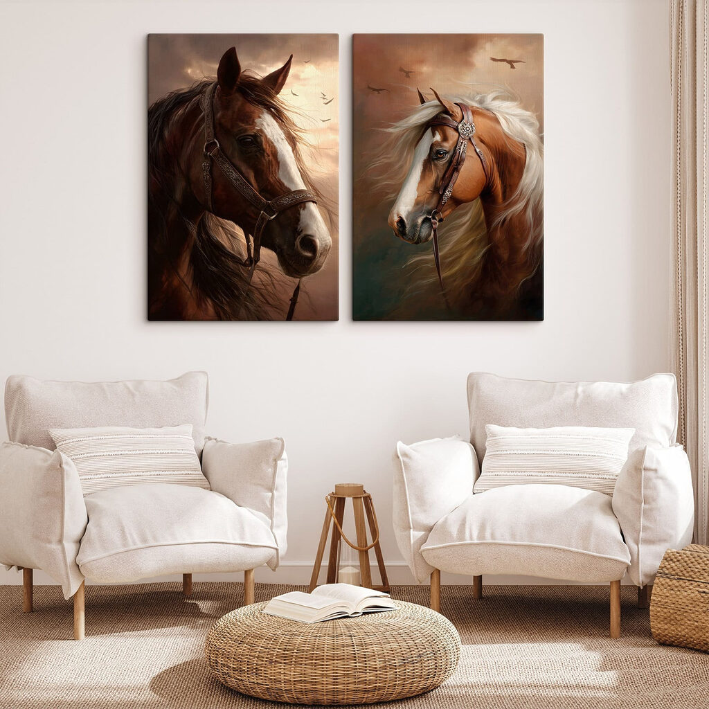 Collage van paarden met een hoofdstel in een interieur