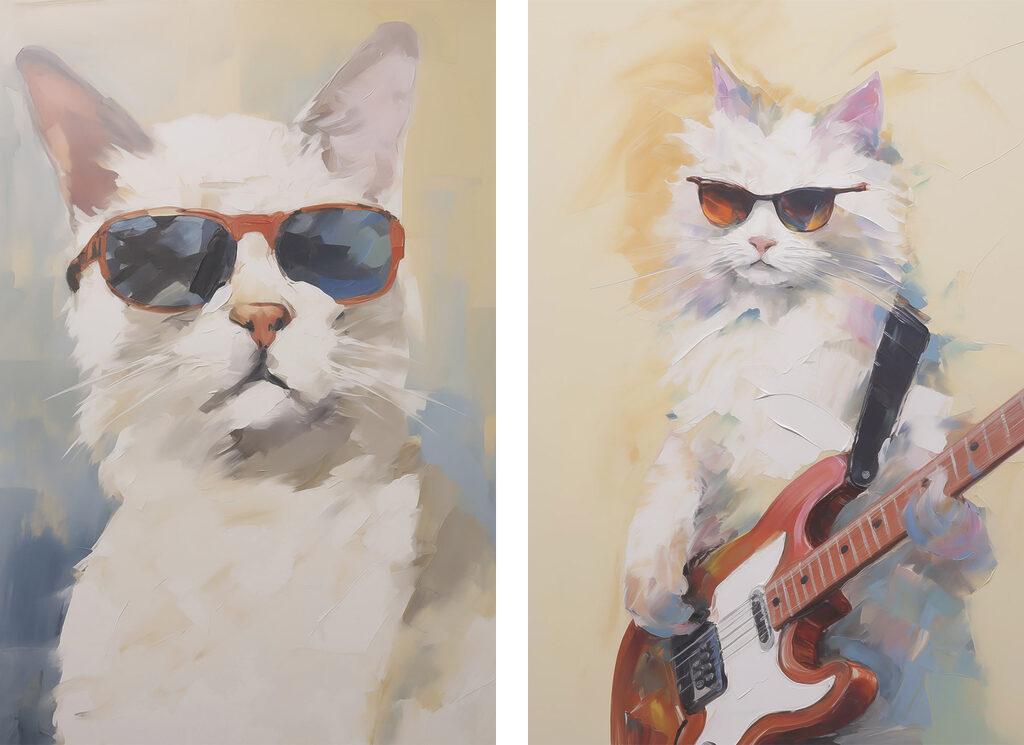 Kat met een zonnebril op en een gitaar in de hand — volledig ontwerp