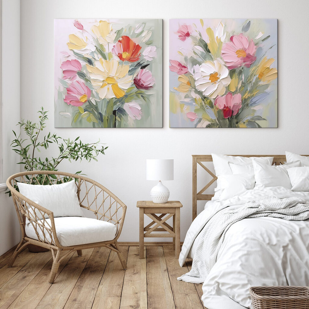 Schilderij van bloemen op doek in een interieur
