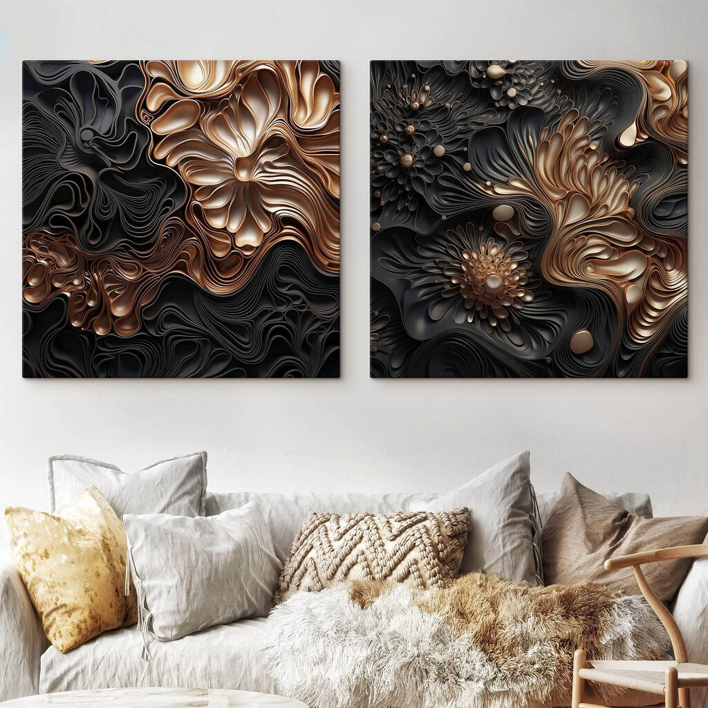 Abstracte bloemmotieven in donkere tinten — interieur 1