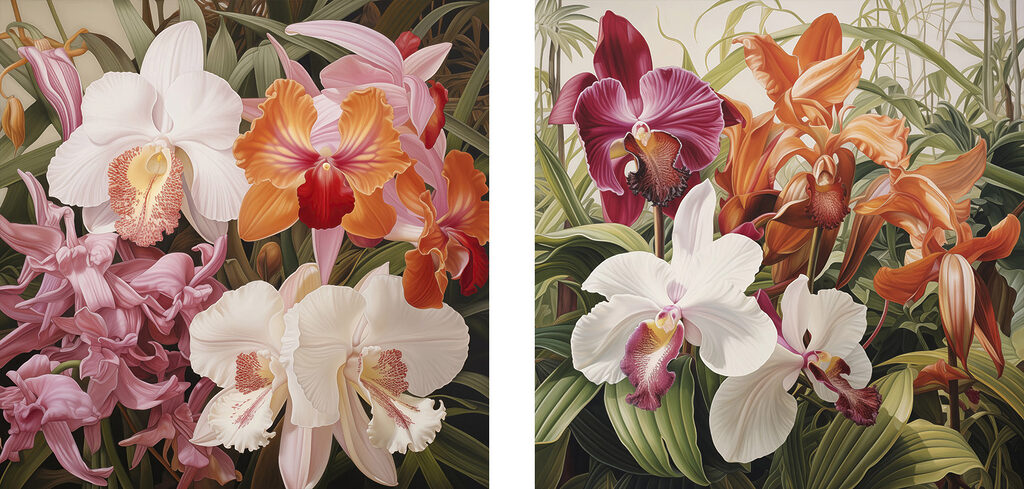 Kleurrijke orchideeën in een spetterende opstelling — volledig ontwerp