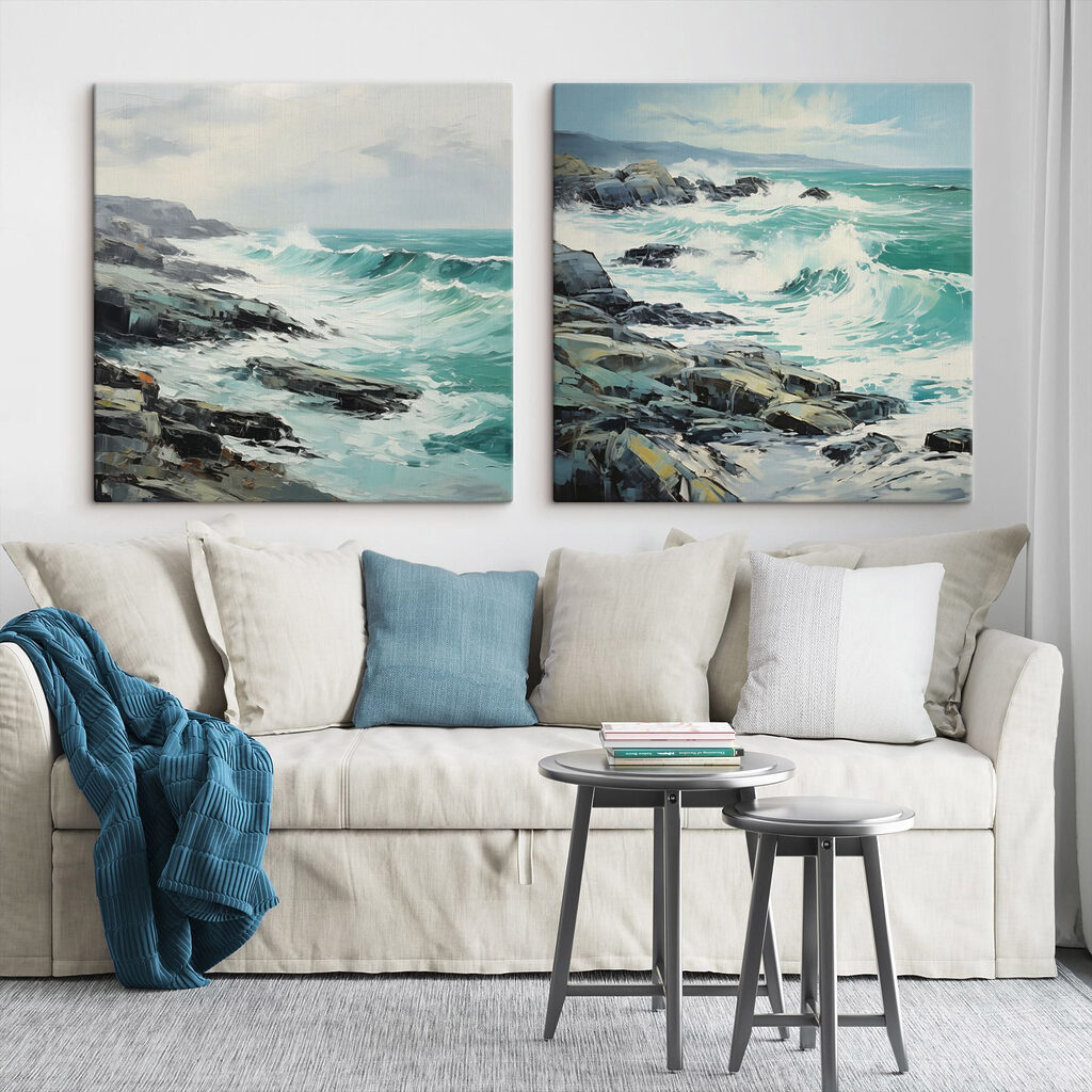 Schilderij van golven die op rotsen breken — interieur 2