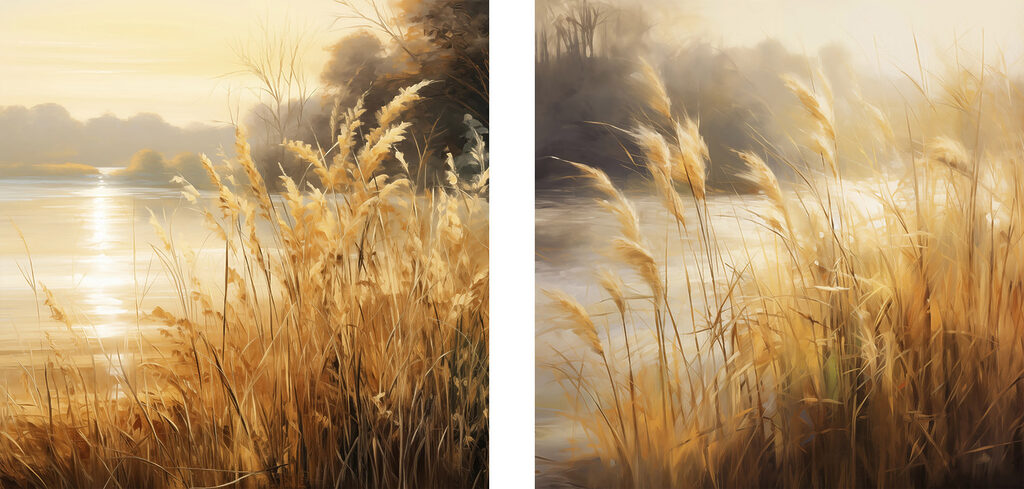 Schilderij van een rivier en een grasveld — volledig ontwerp