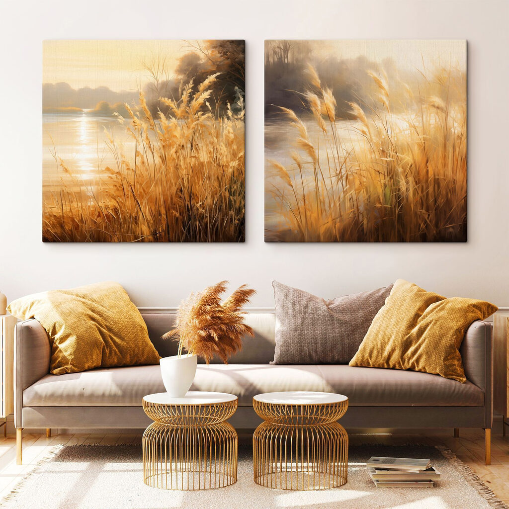 Schilderij van een rivier en een grasveld — interieur 1