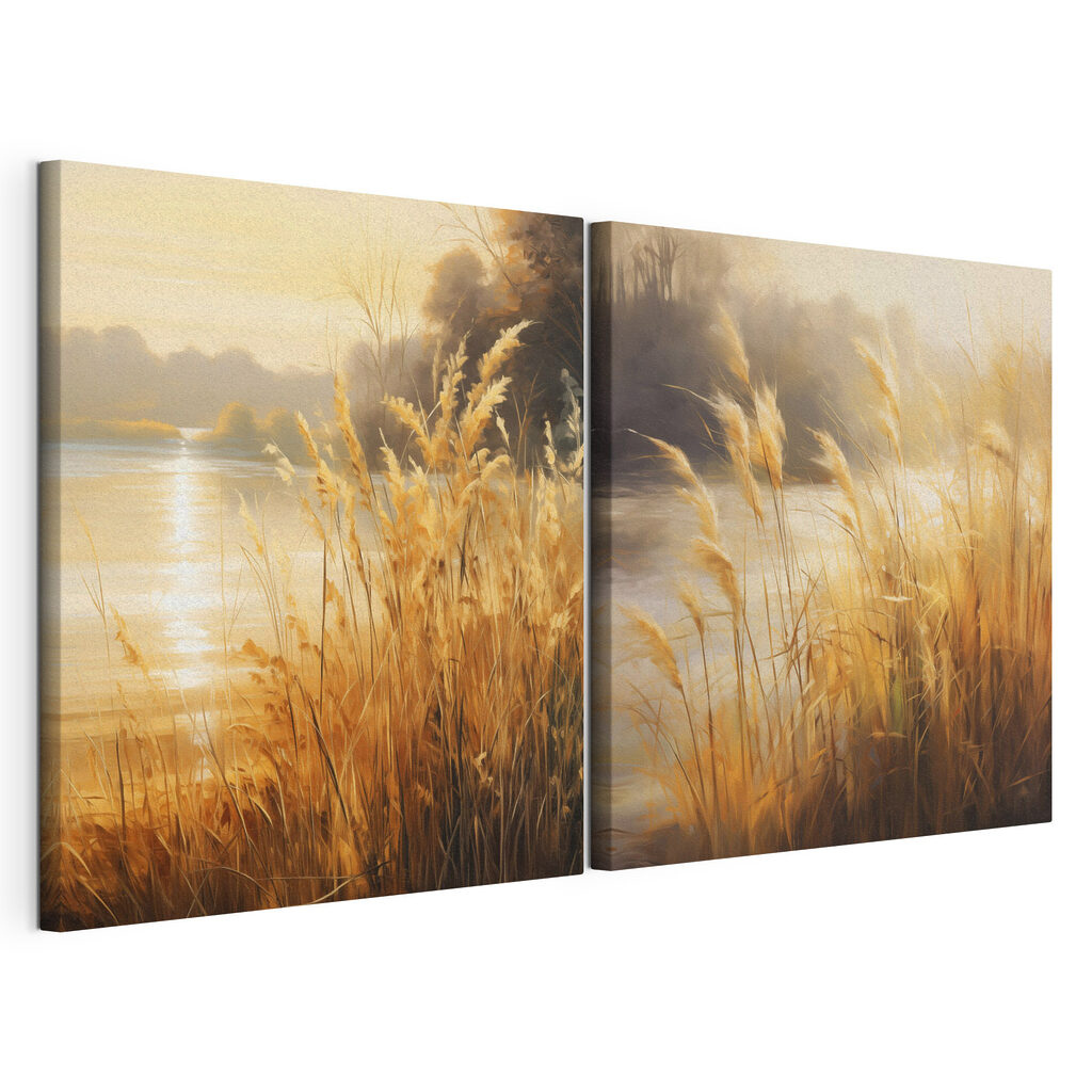 Schilderij van een rivier en een grasveld — productweergave
