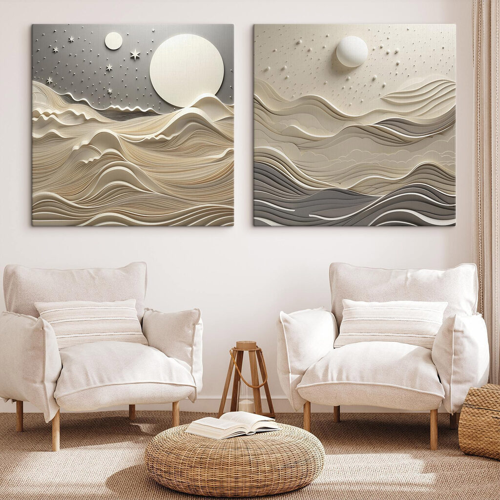Twee afbeeldingen van een landschap in een interieur