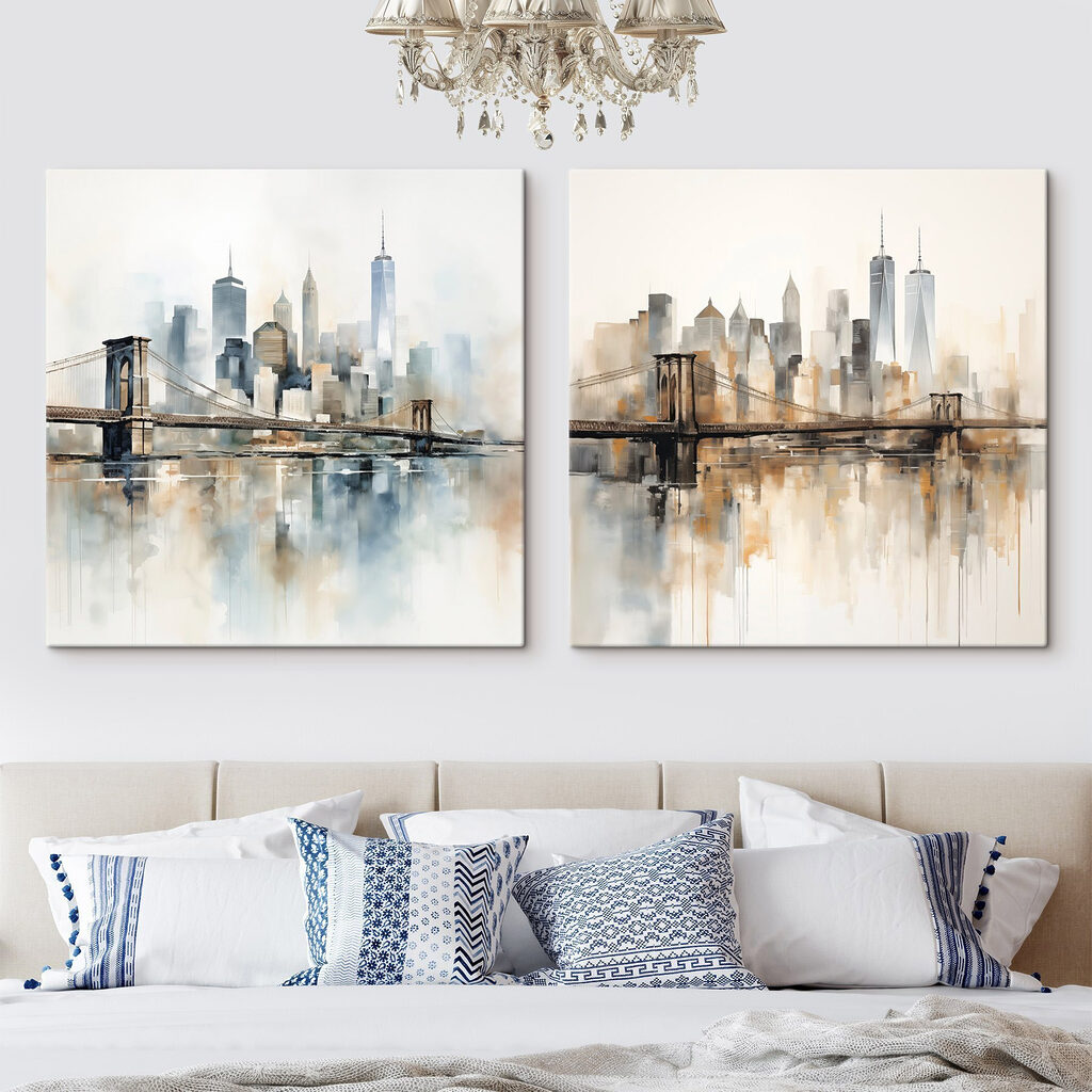 Schilderij van een stad en een brug in een interieur