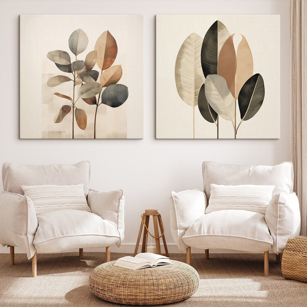 Elegante bladeren in zachte, ingetogen tinten — interieur 1