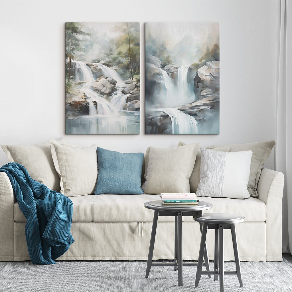 Schilderij van een waterval in een interieur