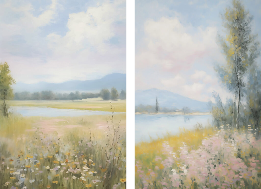 Schilderij van een landschap met een rivier en een bloemenveld — volledig ontwerp