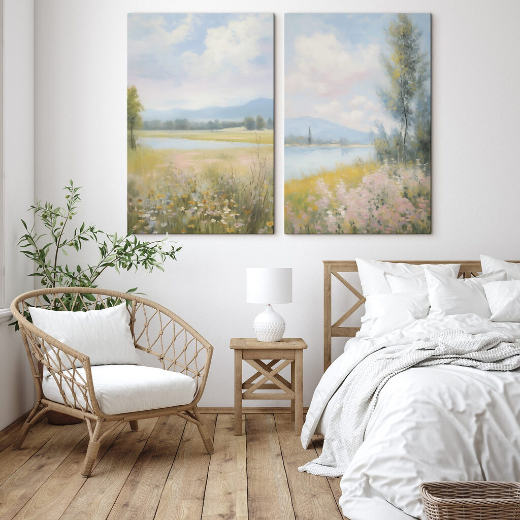 Schilderij van een landschap met een rivier en een bloemenveld — interieur 1