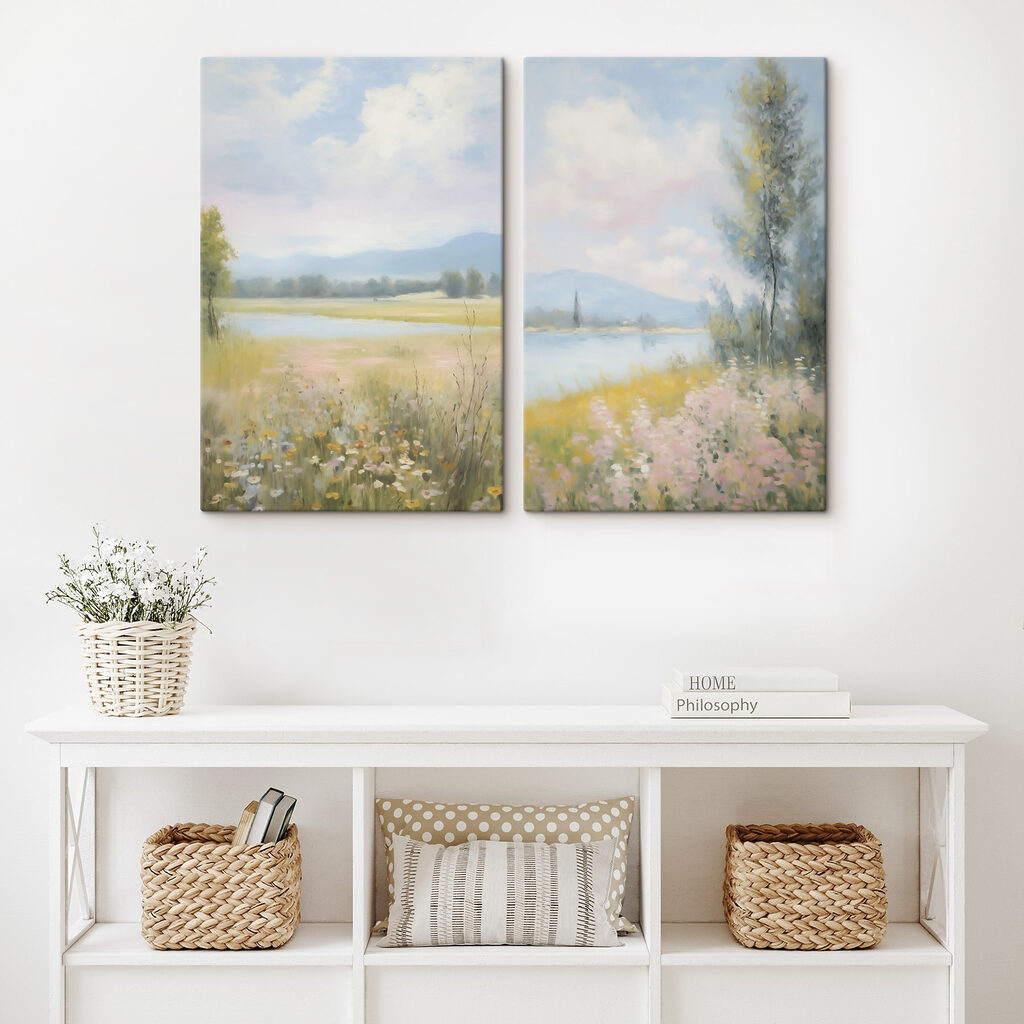 Schilderij van een landschap met een rivier en een bloemenveld — interieur 2