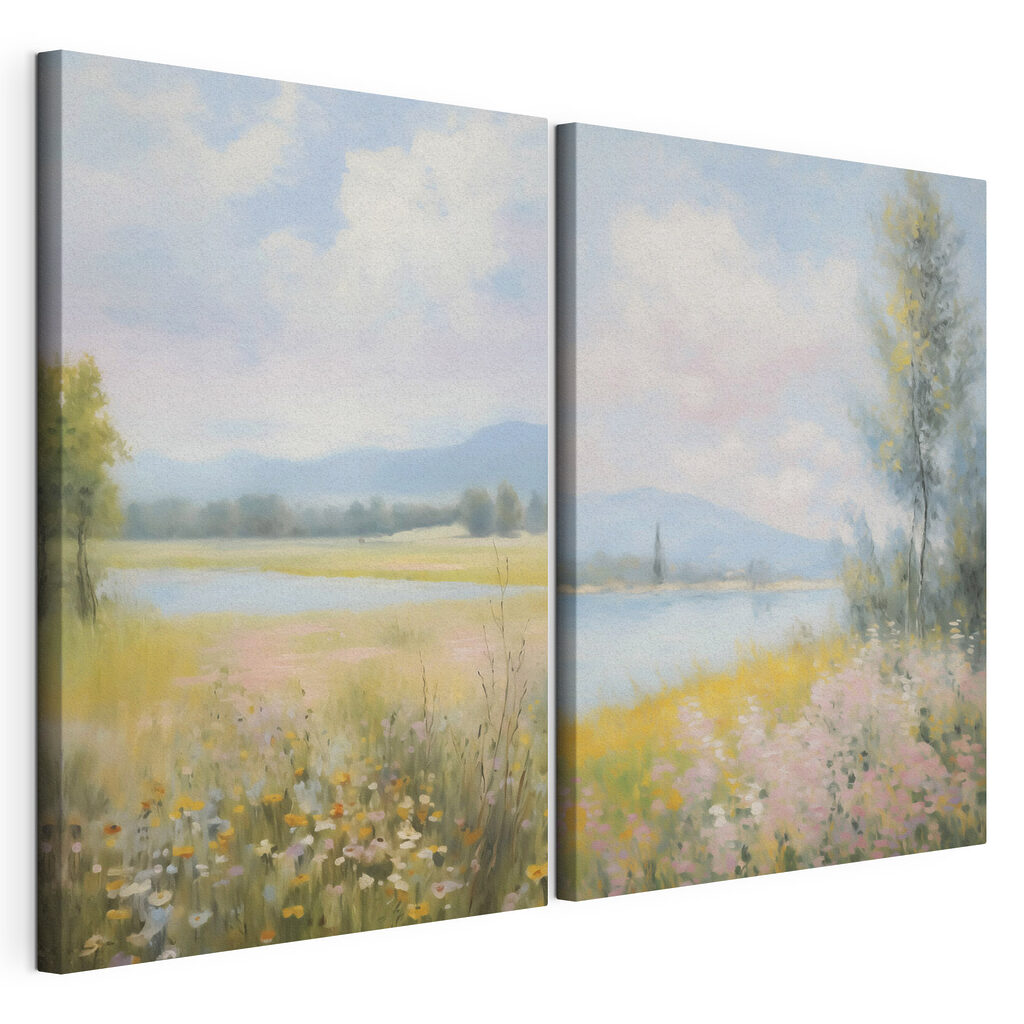 Schilderij van een landschap met een rivier en een bloemenveld — productweergave
