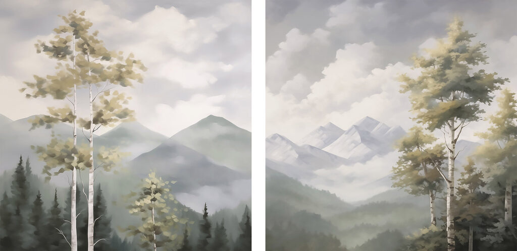 Schilderij van bergen en bomen — volledig ontwerp