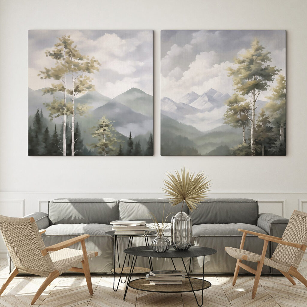 Schilderij van bergen en bomen — interieur 2