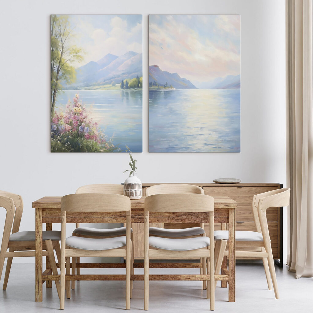 Schilderij van een meer en bergen in een interieur
