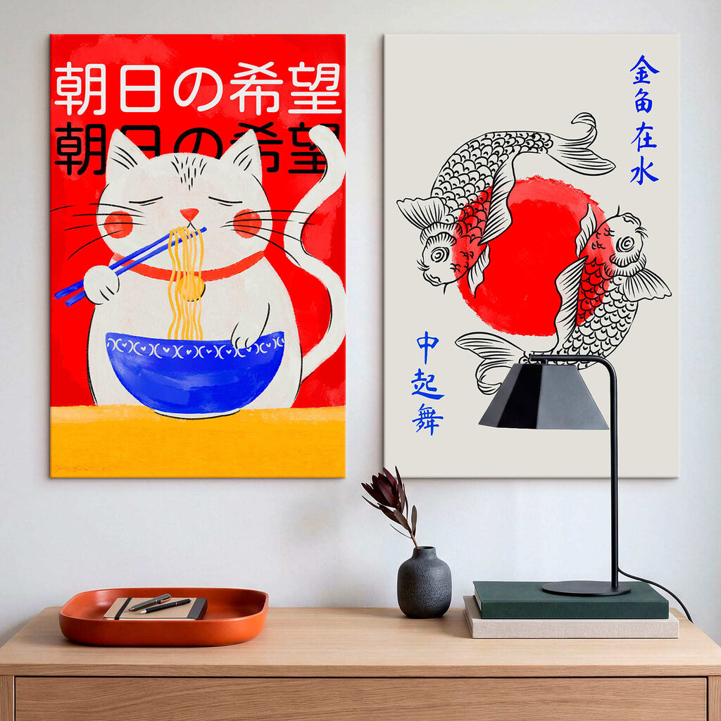 Tekening van een kat en een vis in een interieur
