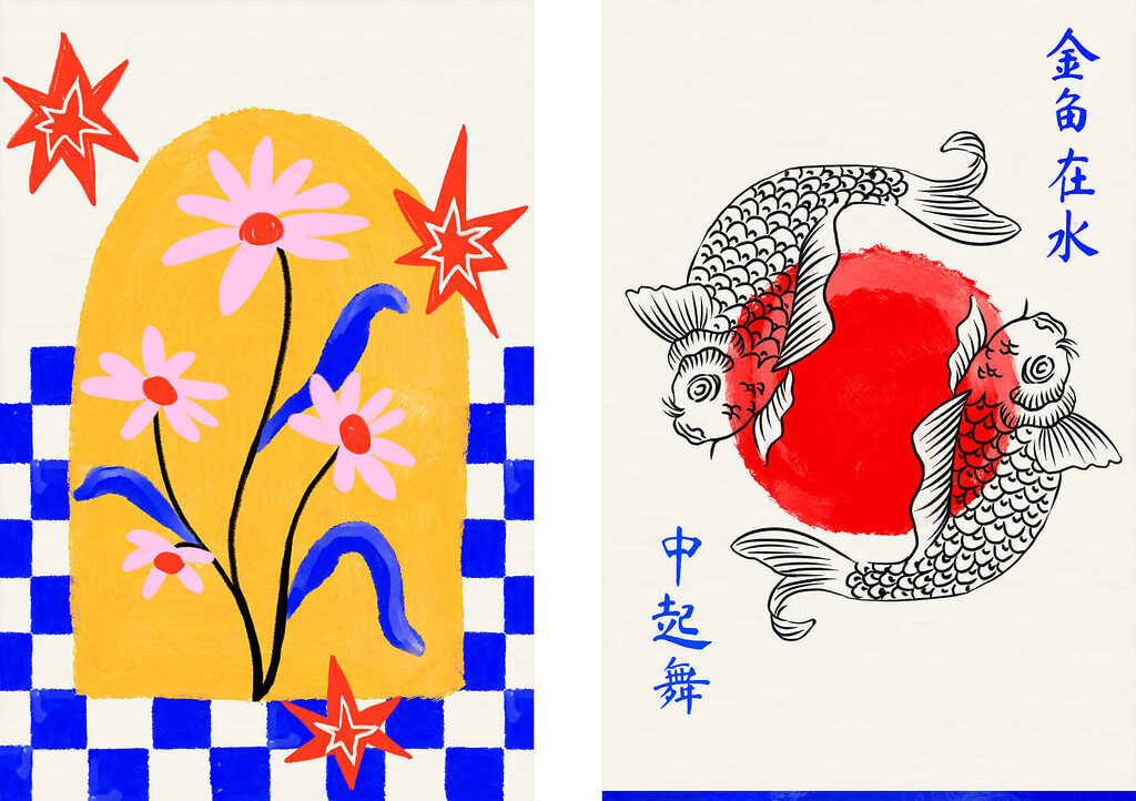 Twee kaarten met bloemen en vissen — volledig ontwerp
