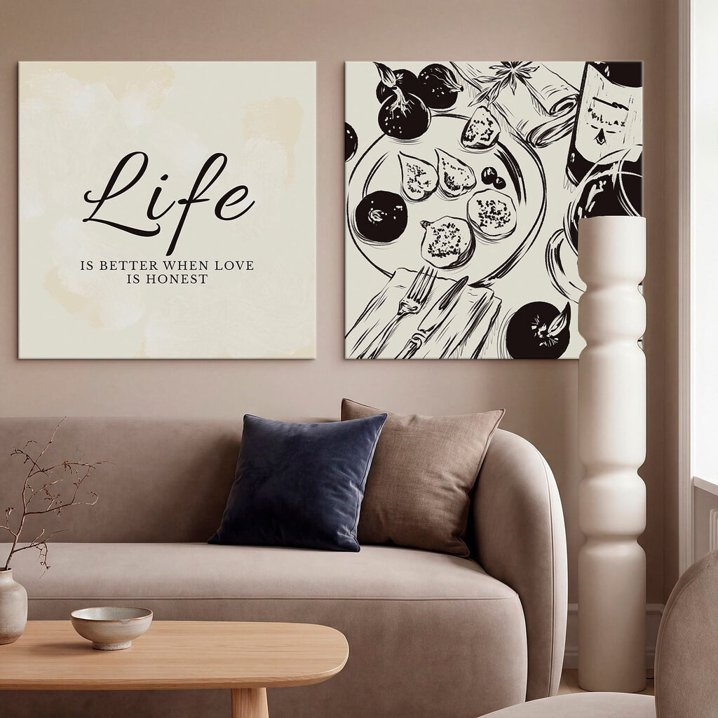 Zwart-witte illustratie van eten in een interieur