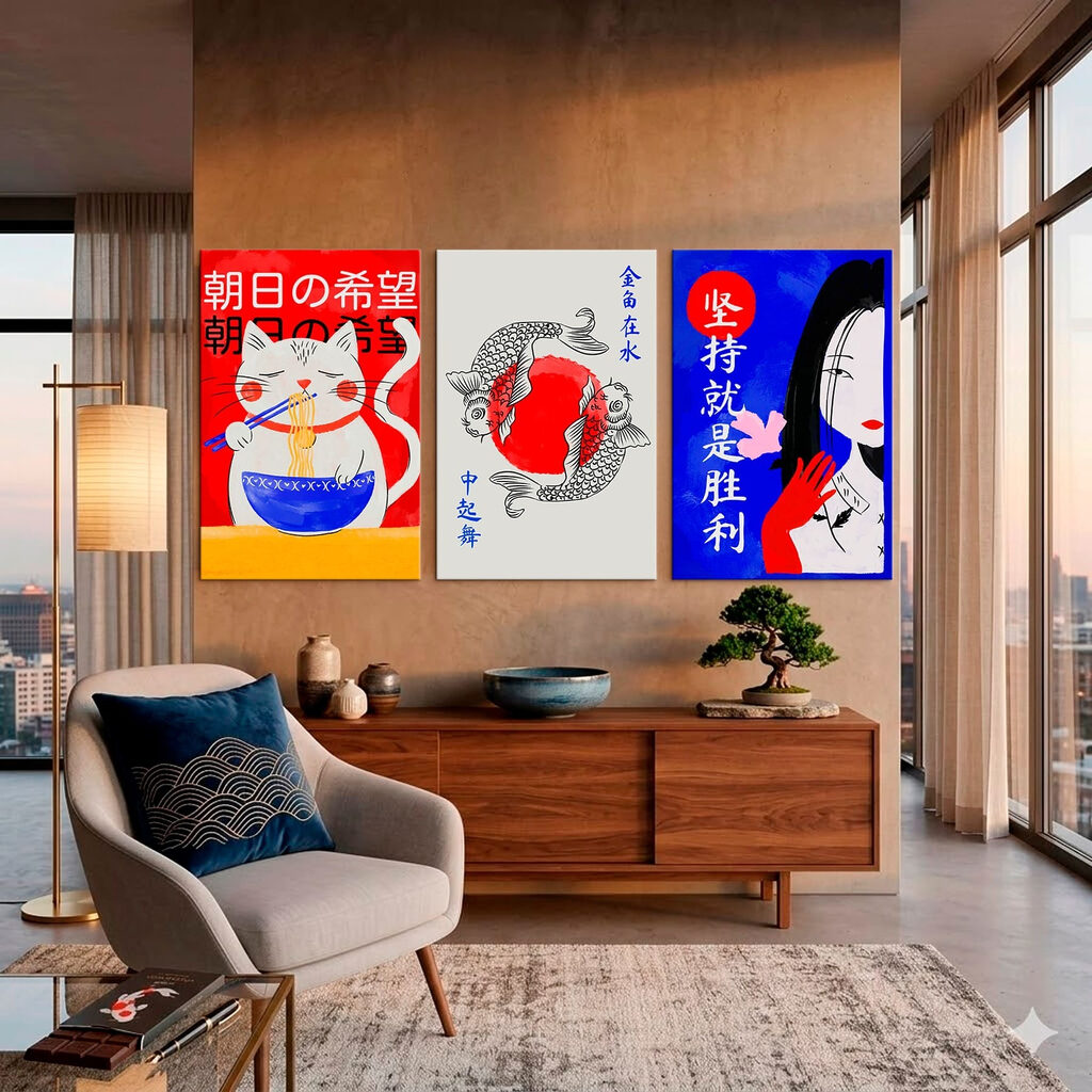 Collage van afbeeldingen van vissen en een kopje in een interieur