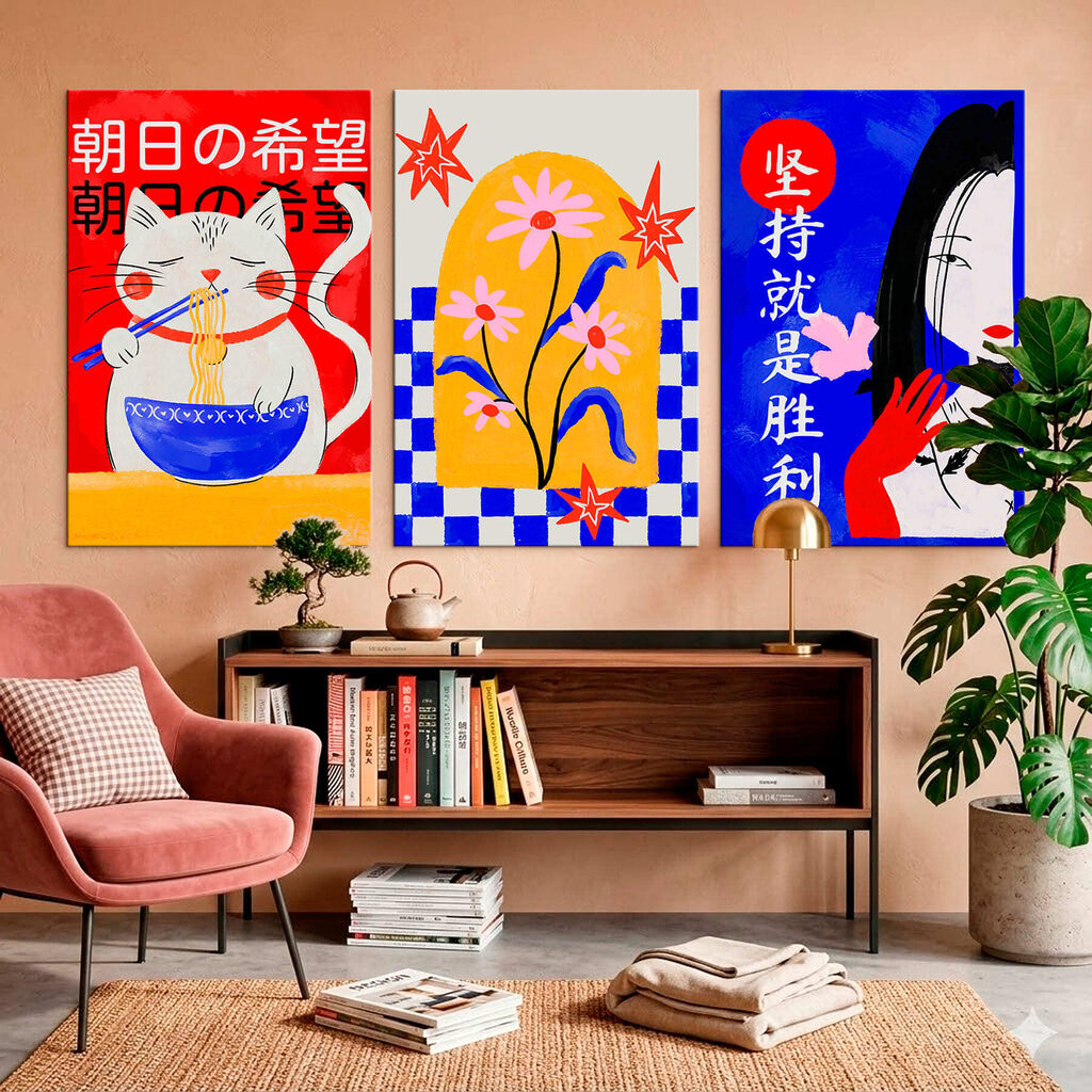 Serie schilderijen met bloemen in een interieur